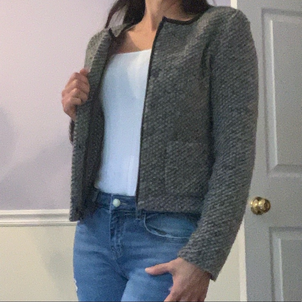 Wool jacket with leather trim collar